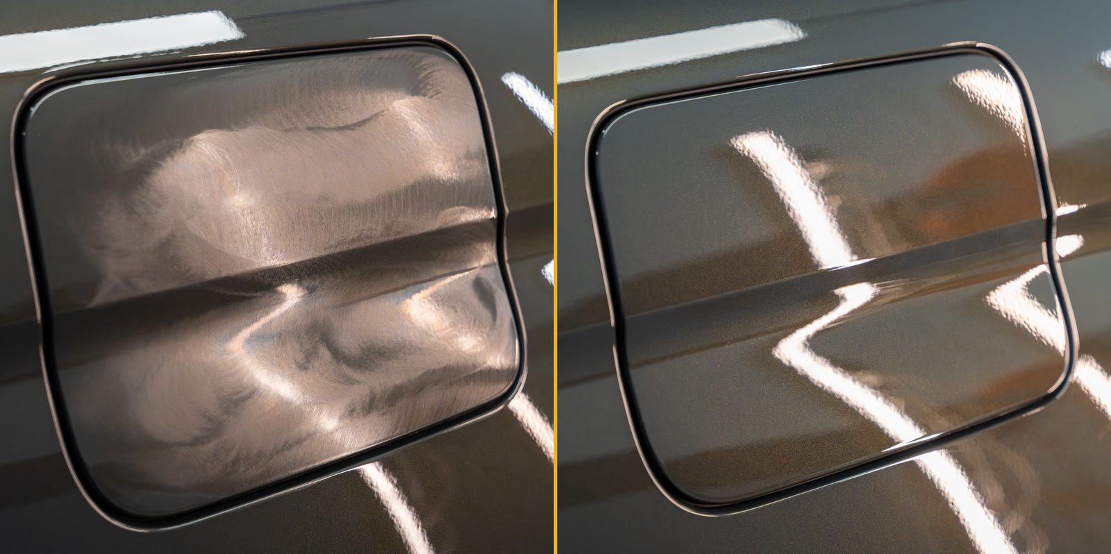 A BMW fuel door under shop lights: swirled and hazy on the left, corrected with crisp reflections on the right