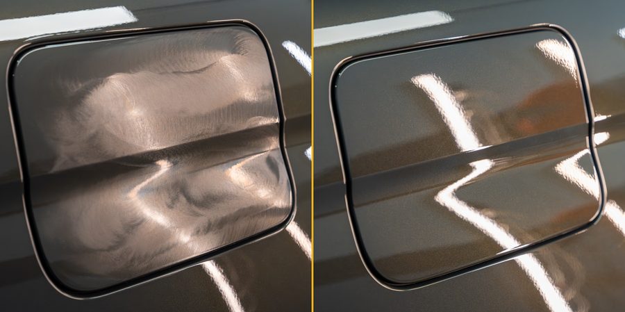 A BMW fuel door swirled on the left, corrected on the right