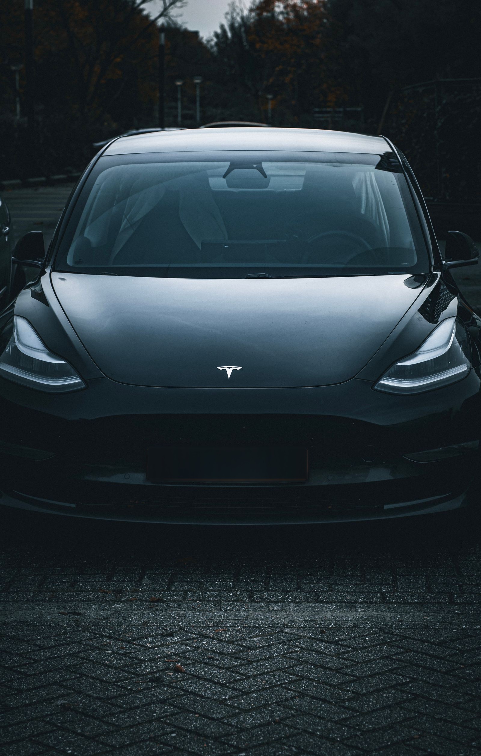 The nose of a black Tesla Model 3